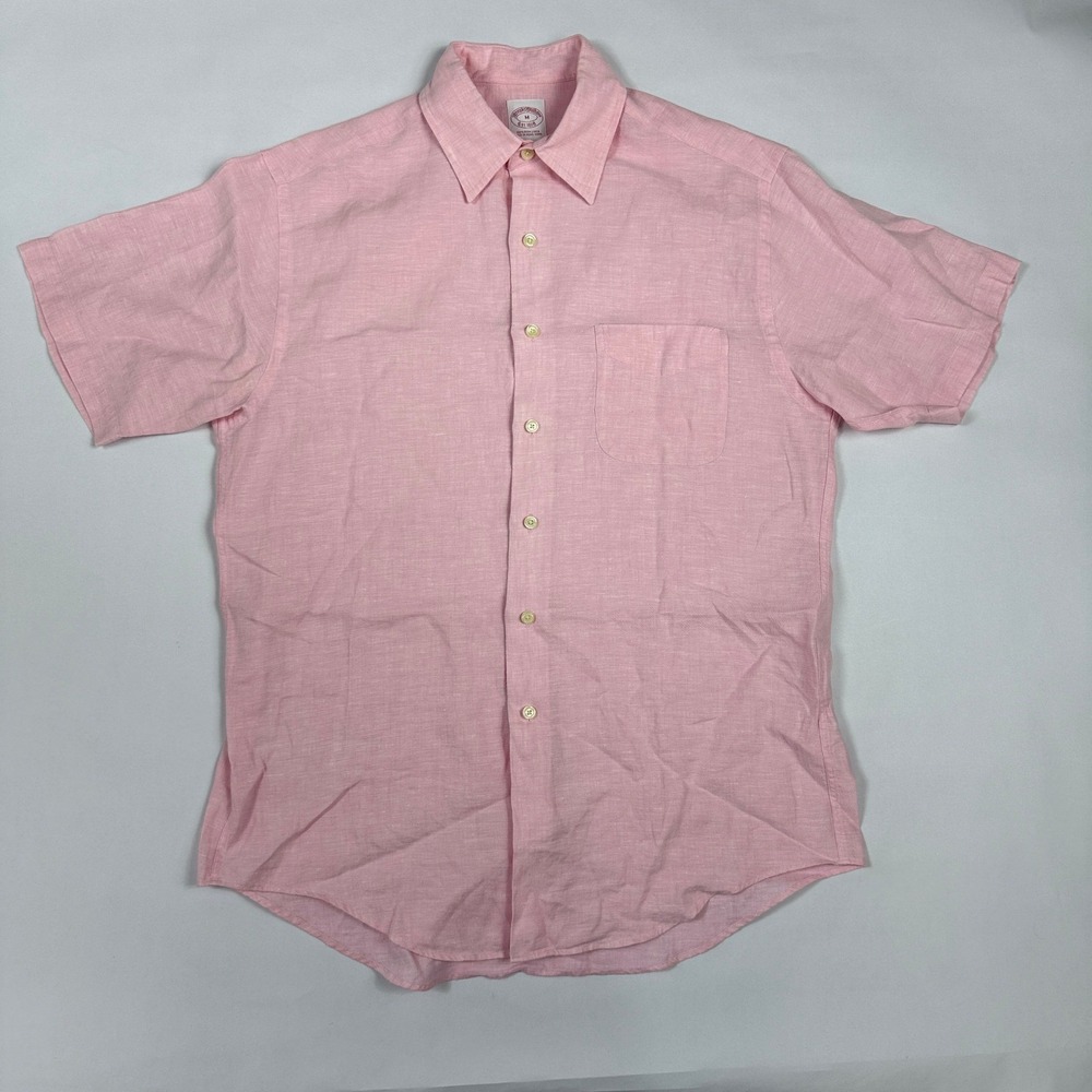 Vintage Brooks Brothers Irish Linen Short Sleeve Button Down Shirt Pink Men's M